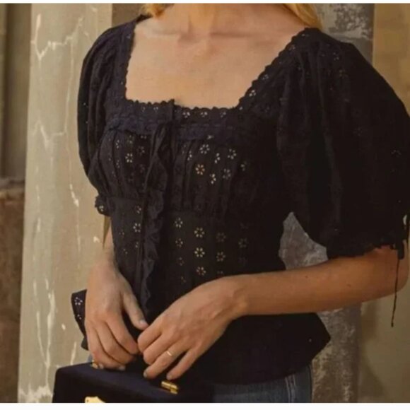 DOEN Docia Black Eyelet Puff Sleeve Eye Hook Victorian Style Peplum Top XS - Picture 2 of 7